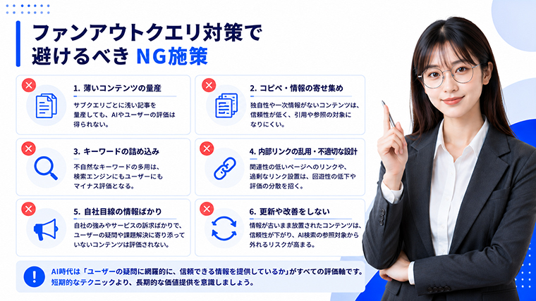 ファンアウトクエリ対策で避けるべきNG施策とSEO・LLMOで注意すべきポイントを示すイメージ