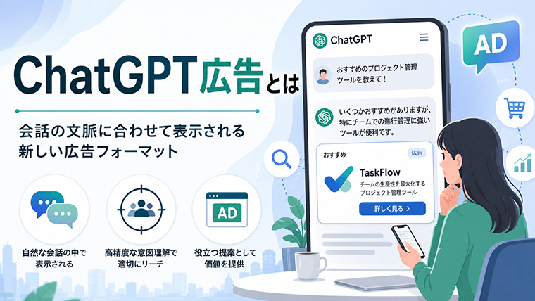 ChatGPT広告の仕組みを想起させるチャットUIとAI広告カードのイメージ