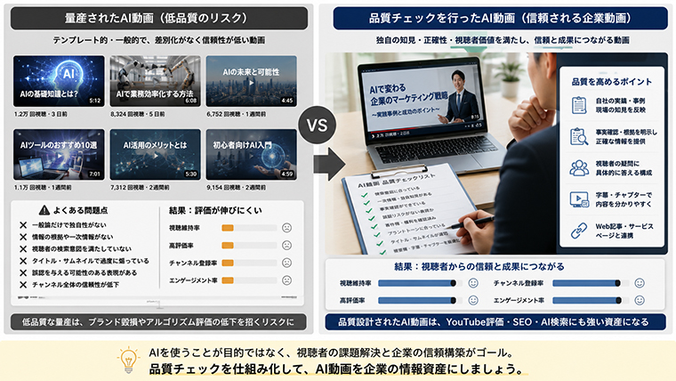 YouTubeで低品質コンテンツを避けるためにAI生成動画を品質確認するイメージ