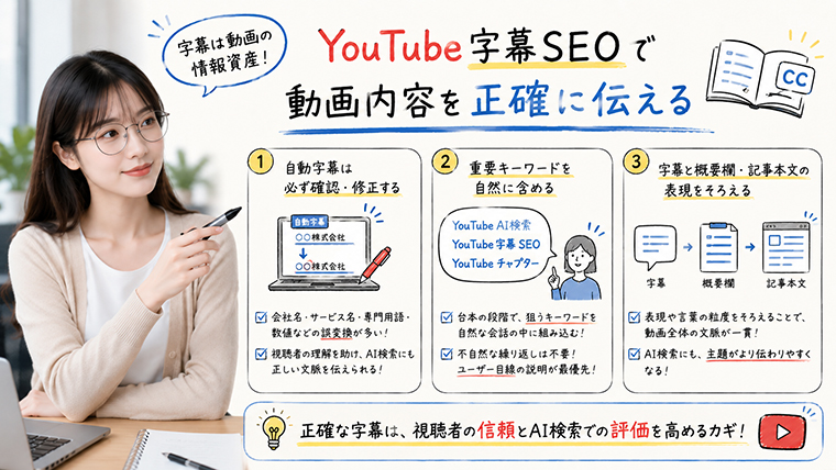 YouTube字幕SEOで動画内容を正確に伝えるための自動字幕修正とキーワード設計を解説するイメージ