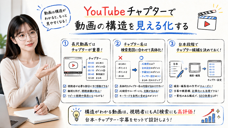 YouTubeチャプターで動画構造を見える化し視聴者とAI検索に内容を伝えるイメージ