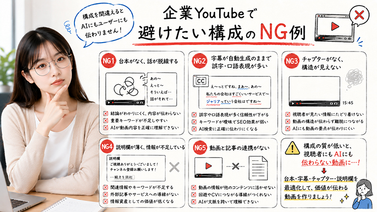 企業YouTubeで避けたい字幕・チャプター・記事連携のNG構成を解説するイメージ