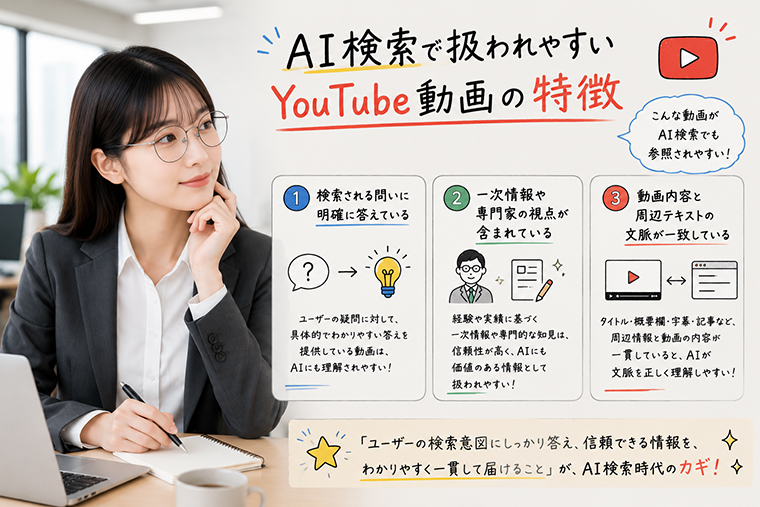 AI検索で扱われやすいYouTube動画の特徴として検索意図・一次情報・文脈整合性を解説するイメージ