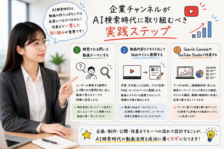 企業チャンネルがAI検索時代にYouTube動画を活用するための実践ステップを解説するイメージ