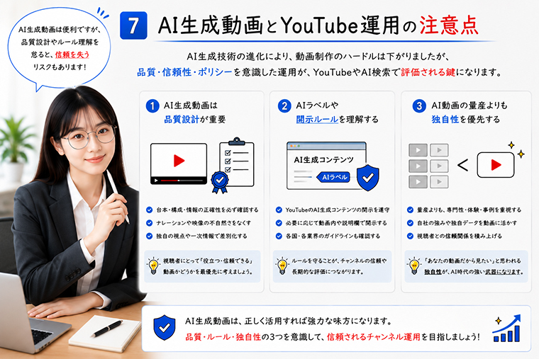 AI生成動画をYouTubeで活用する際の品質設計やAIラベルの注意点を解説するイメージ